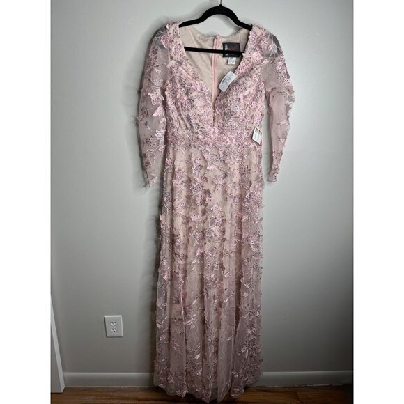 Mac Duggal 67483 Rose Pink Floral Applique Long Sleeve Illusion Gown Size 8 NWT - Picture 6 of 12